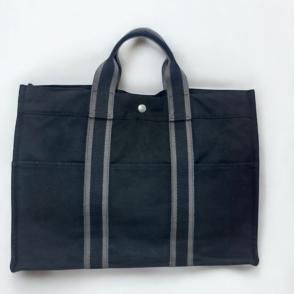 Hermes Black Canvas Tote with Gray Straps